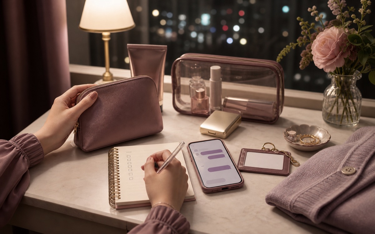 夜職前の準備として、チェックリスト、スマートフォン、ポーチ、身だしなみ用品を机に置いた落ち着いたイメージ